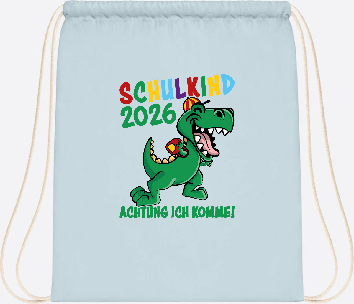 Turnbeutel Schulkind 2026 Achtung ich komme! mit Wunschname - Pastel Blue/White