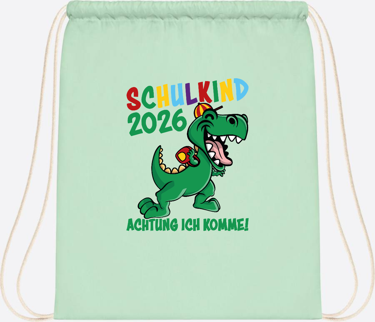 Turnbeutel Schulkind 2026 Achtung ich komme! mit Wunschname - Pastel Mint/White