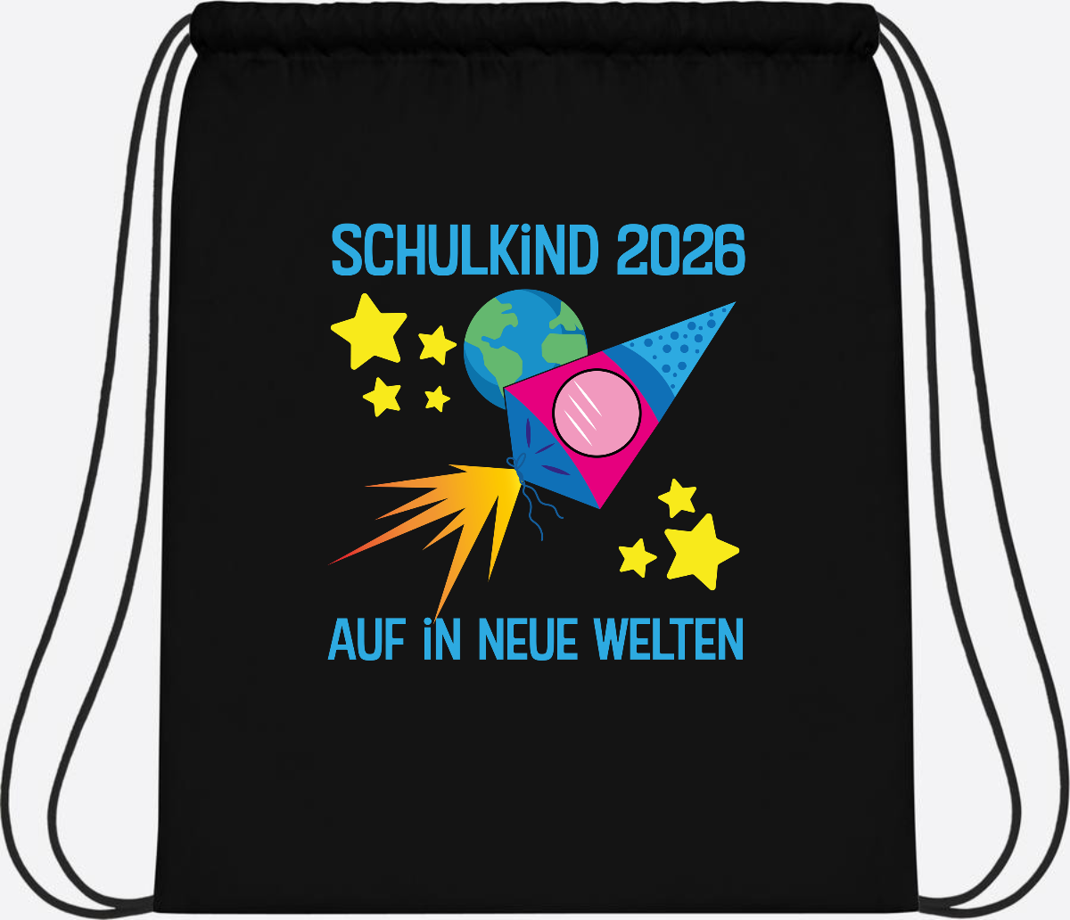Turnbeutel Schulkind 2026 – Auf in neue Welten mit Namen - Black/Black