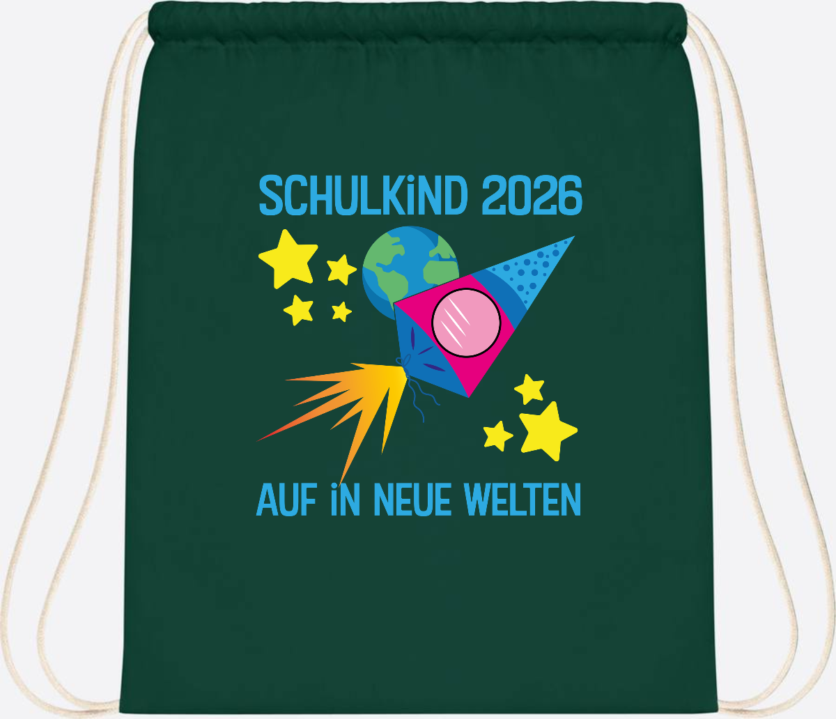 Turnbeutel Schulkind 2026 – Auf in neue Welten mit Namen - Bottle Green