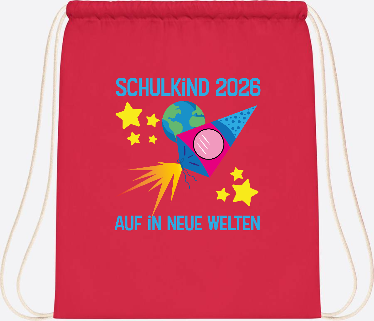 Turnbeutel Schulkind 2026 – Auf in neue Welten mit Namen - Bright Red