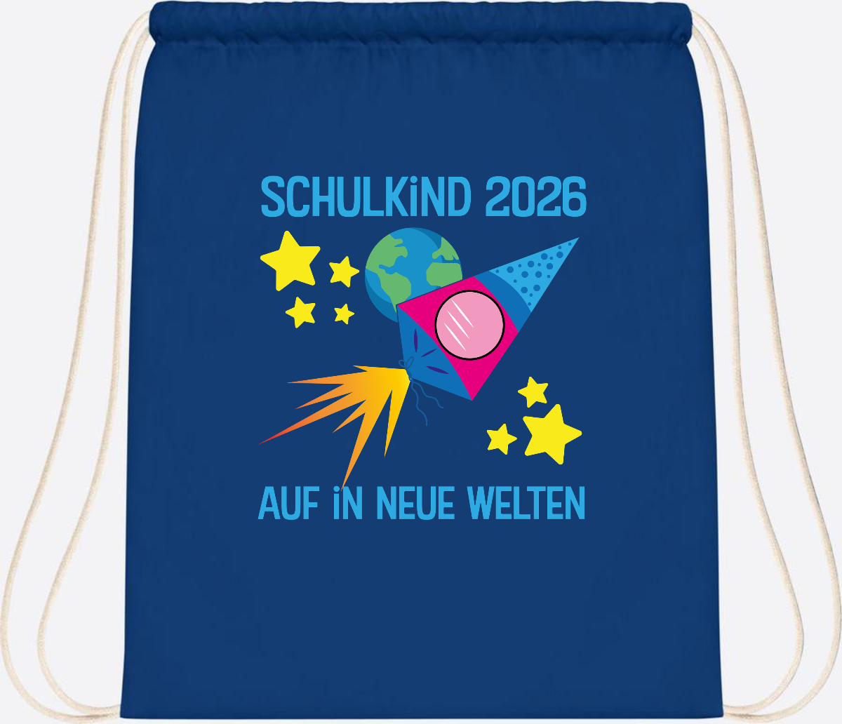 Turnbeutel Schulkind 2026 – Auf in neue Welten mit Namen - Bright Royal