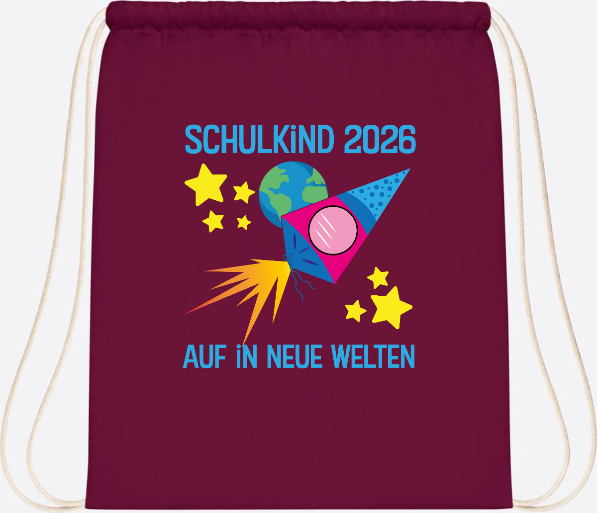 Turnbeutel Schulkind 2026 – Auf in neue Welten mit Namen - Burgundy