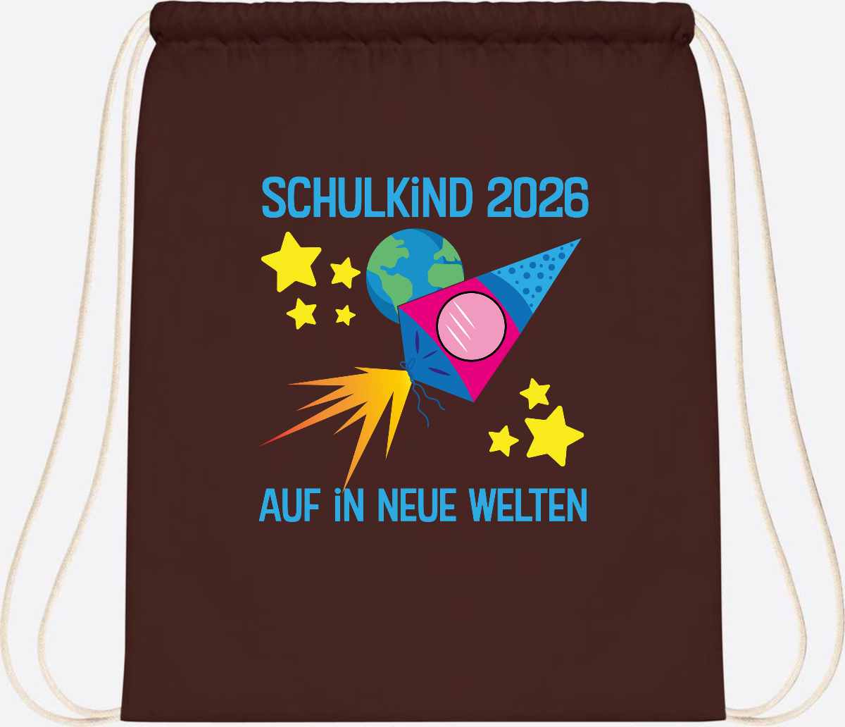 Turnbeutel Schulkind 2026 – Auf in neue Welten mit Namen - Chocolate