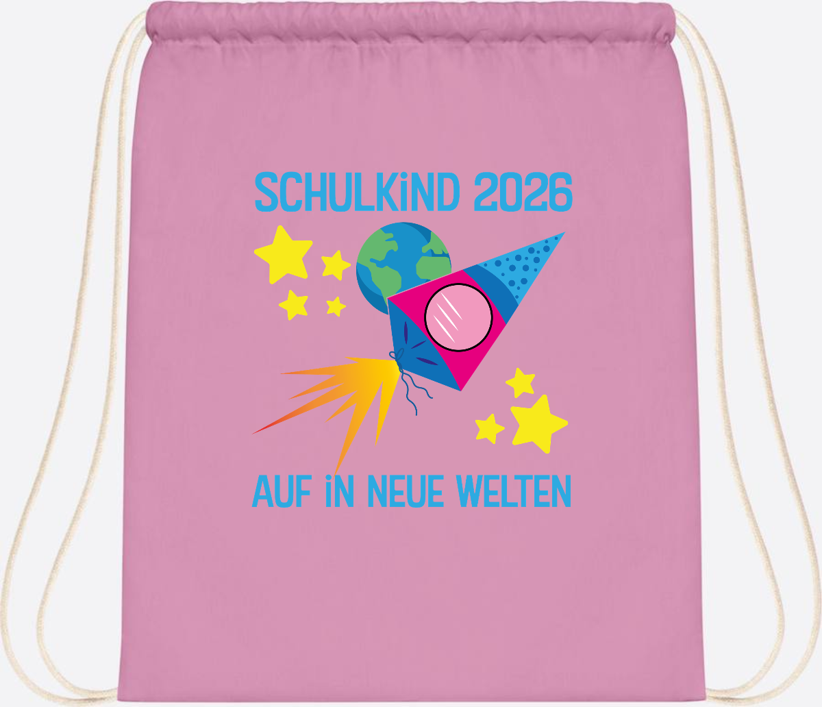 Turnbeutel Schulkind 2026 – Auf in neue Welten mit Namen - Classic Pink/White
