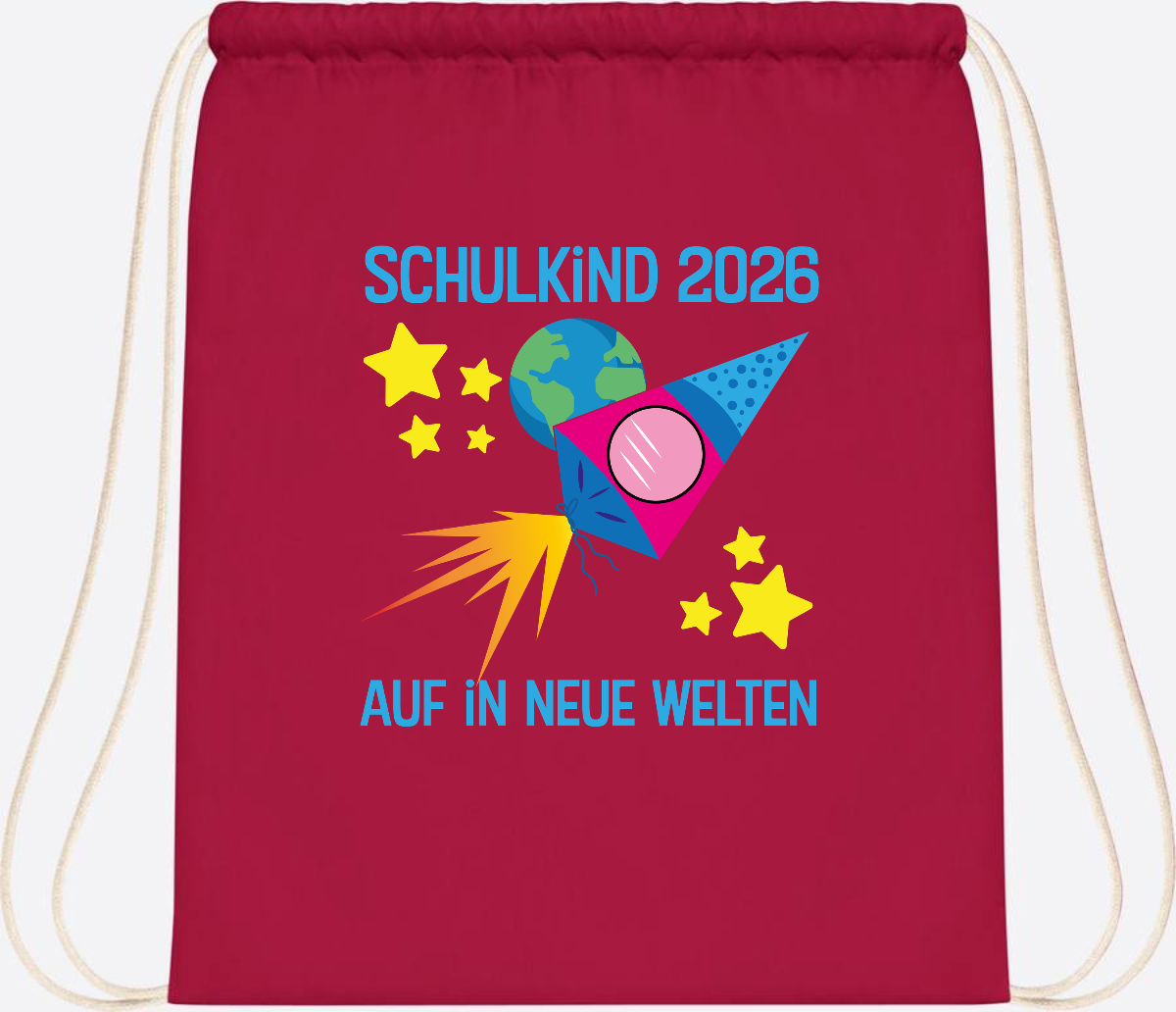 Turnbeutel Schulkind 2026 – Auf in neue Welten mit Namen - Classic Red