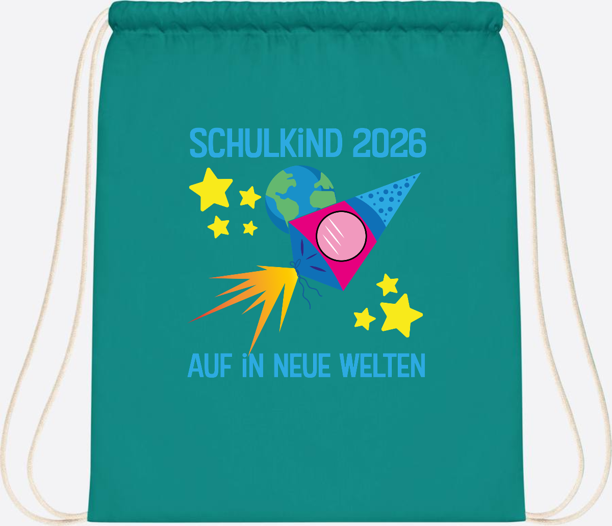 Turnbeutel Schulkind 2026 – Auf in neue Welten mit Namen - Emerald
