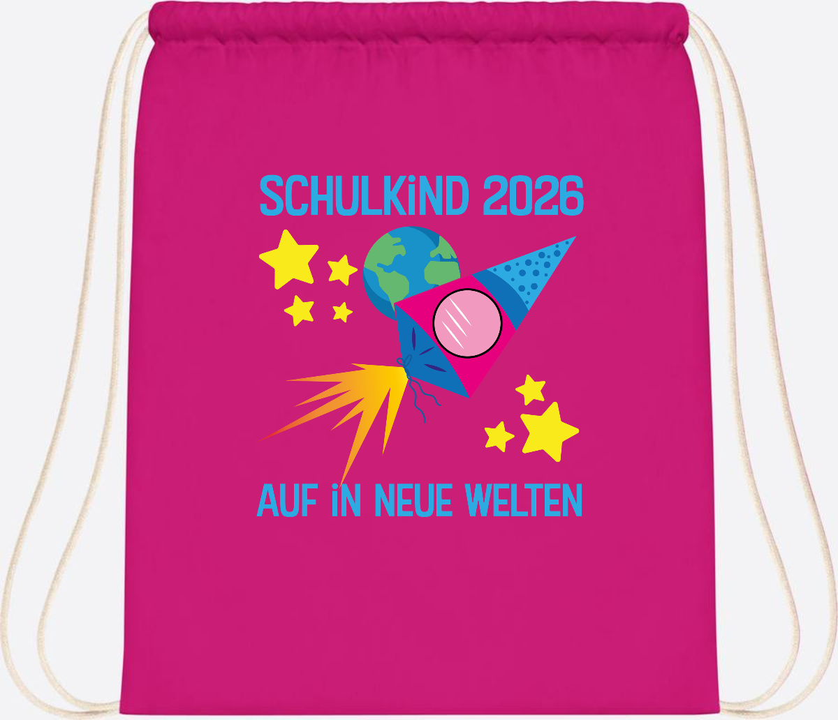 Turnbeutel Schulkind 2026 – Auf in neue Welten mit Namen - Fuchsia