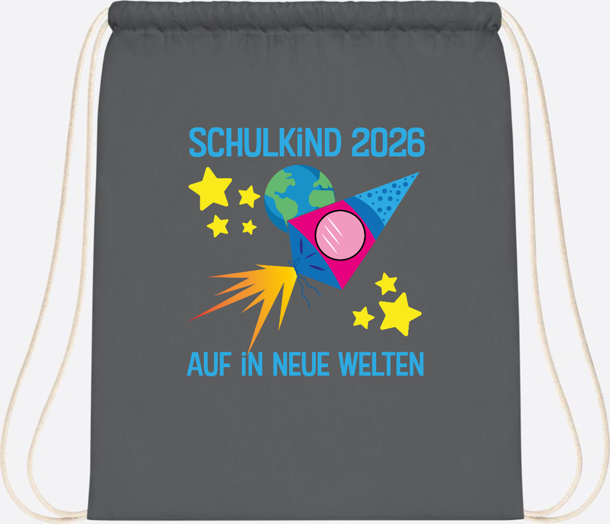 Turnbeutel Schulkind 2026 – Auf in neue Welten mit Namen - Graphite Grey