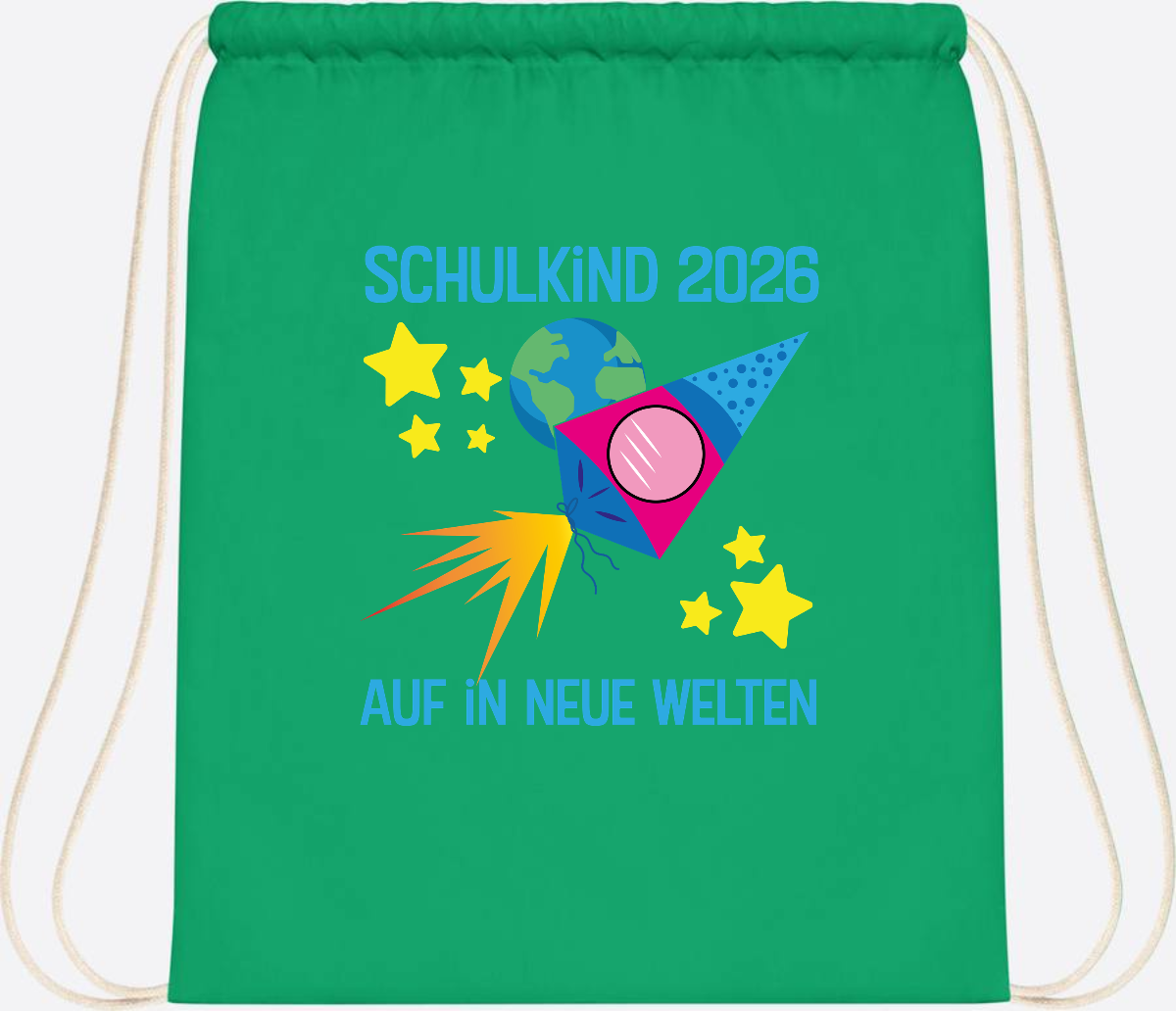 Turnbeutel Schulkind 2026 – Auf in neue Welten mit Namen - Kelly Green