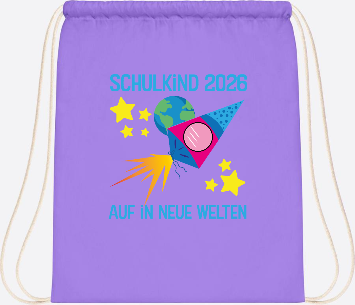 Turnbeutel Schulkind 2026 – Auf in neue Welten mit Namen - Lavender/White