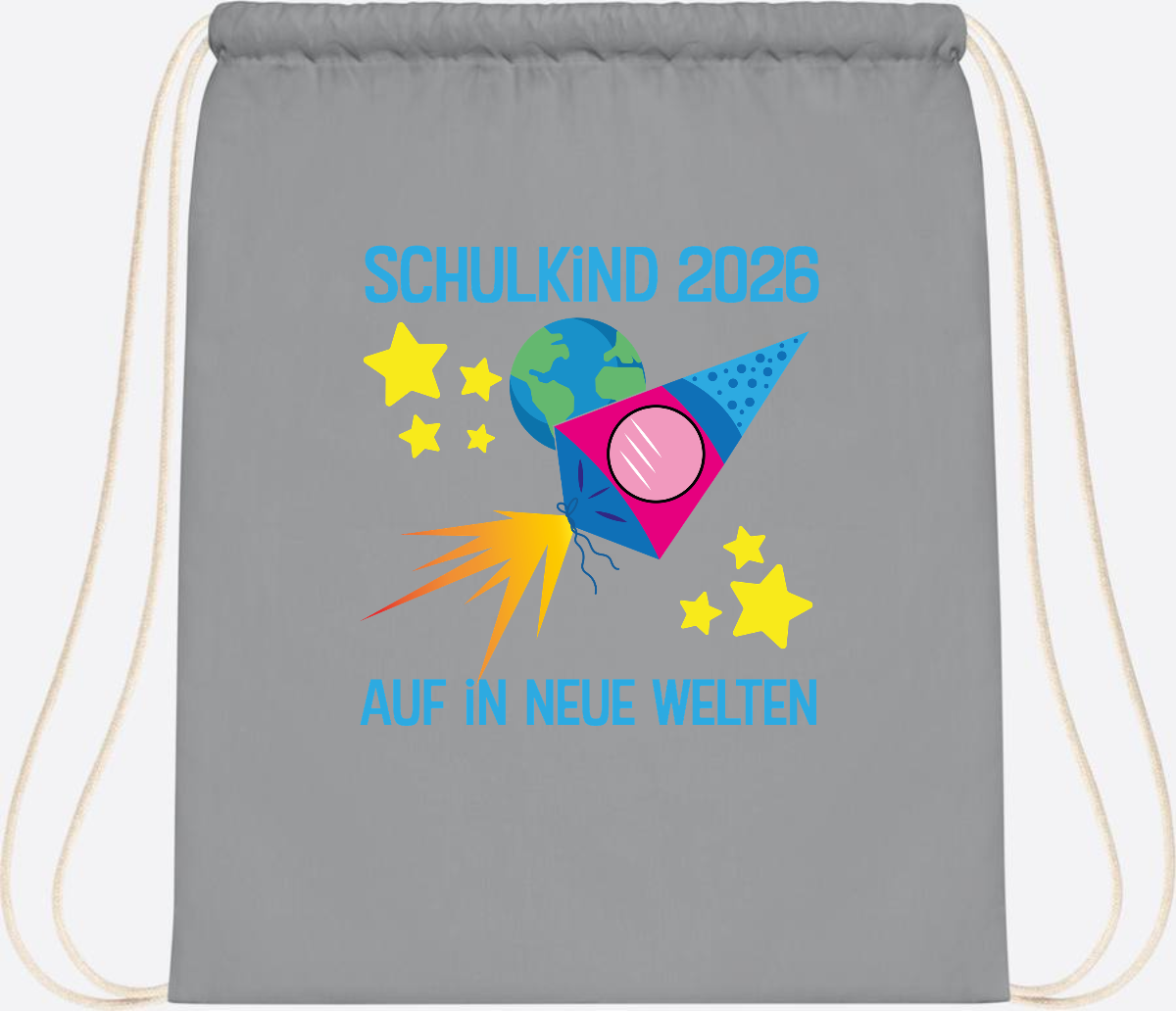 Turnbeutel Schulkind 2026 – Auf in neue Welten mit Namen - Light Grey