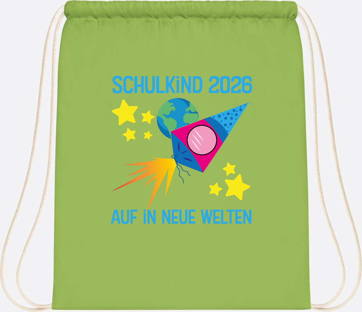 Turnbeutel Schulkind 2026 – Auf in neue Welten mit Namen - Lime Green