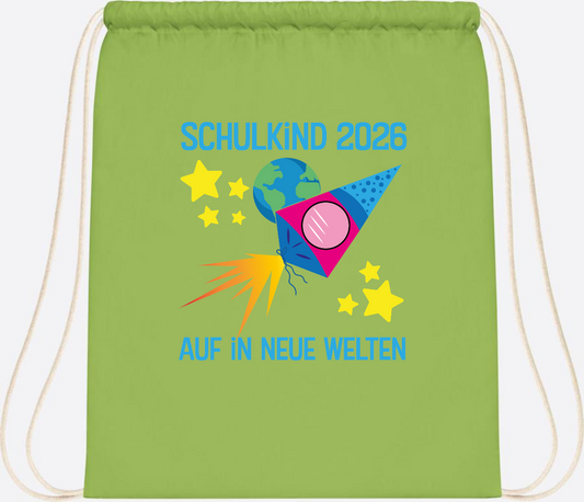Turnbeutel Schulkind 2026 – Auf in neue Welten mit Namen - Lime Green