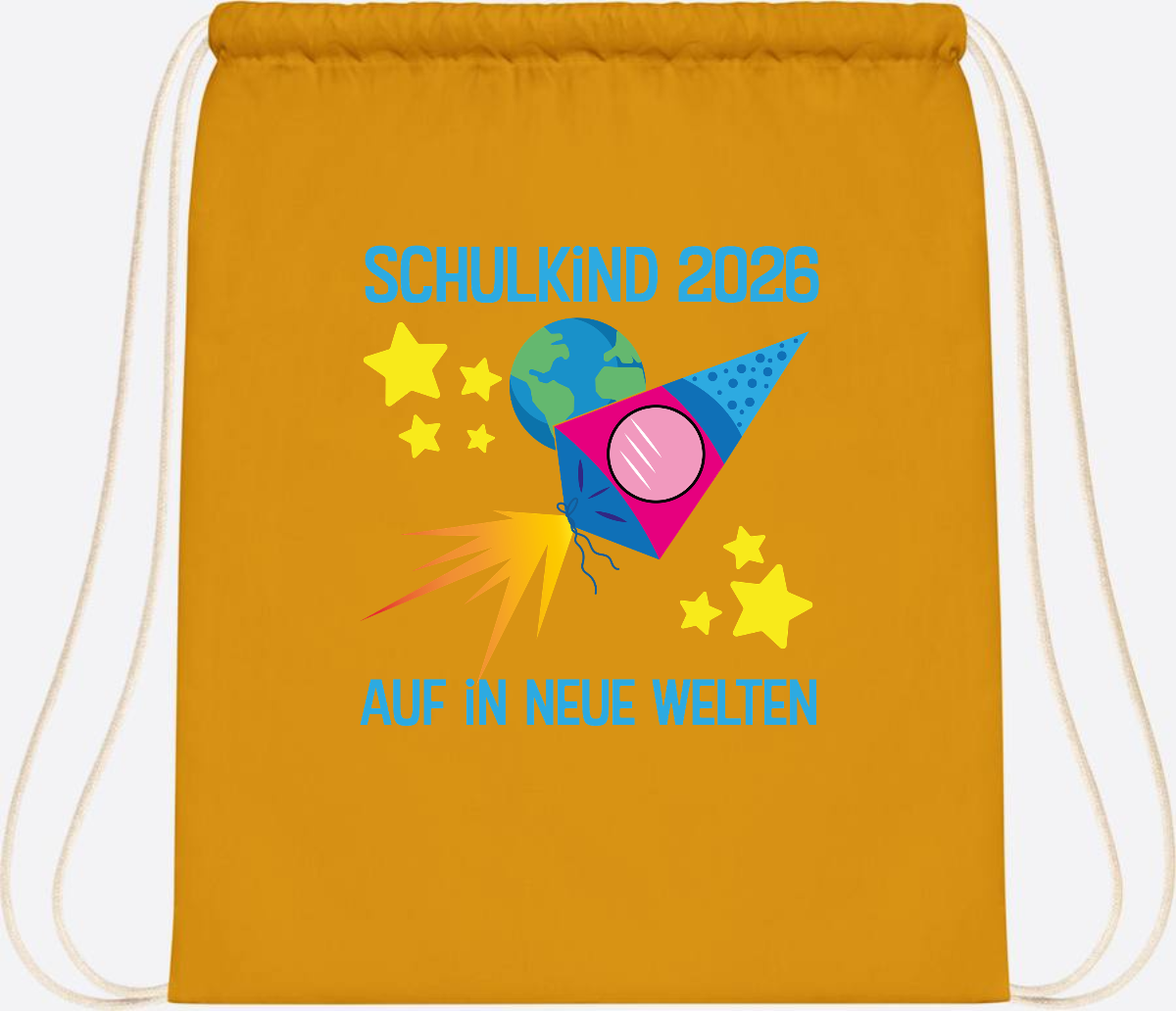 Turnbeutel Schulkind 2026 – Auf in neue Welten mit Namen - Mustard