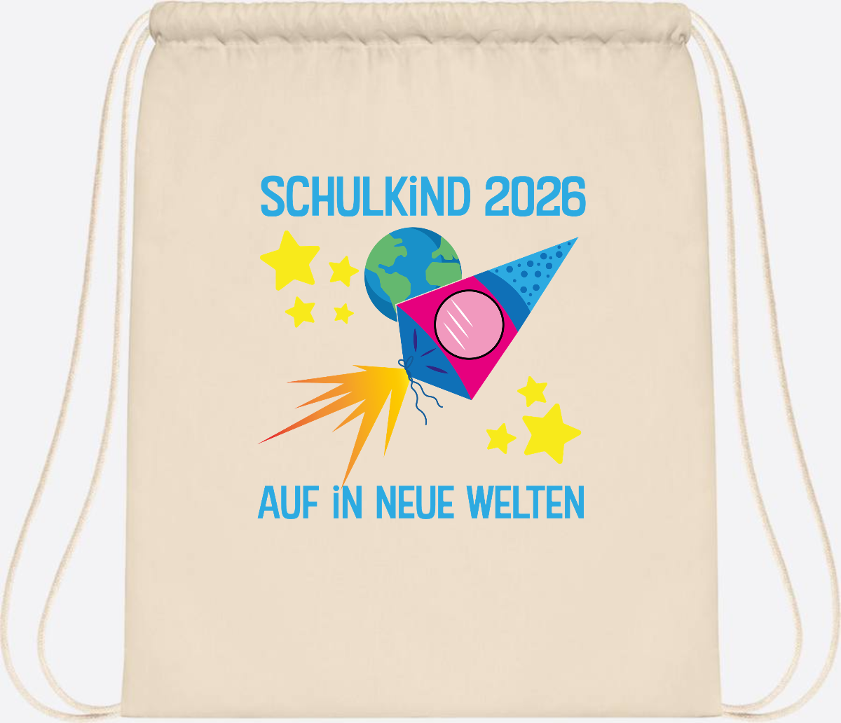 Turnbeutel Schulkind 2026 – Auf in neue Welten mit Namen - Natural