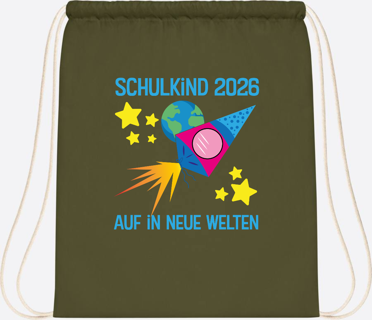 Turnbeutel Schulkind 2026 – Auf in neue Welten mit Namen - Olive Green