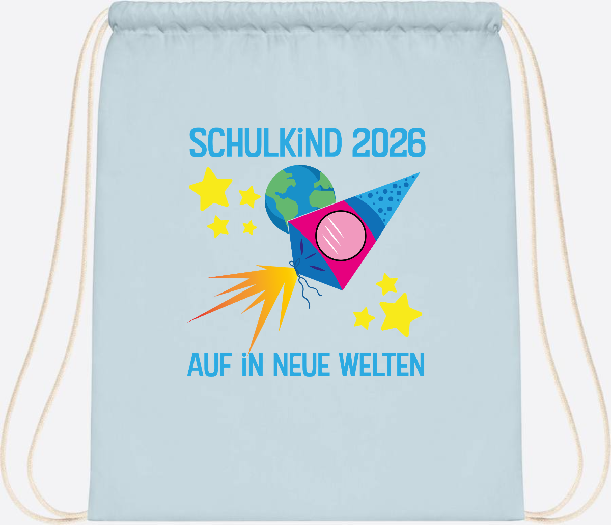 Turnbeutel Schulkind 2026 – Auf in neue Welten mit Namen - Pastel Blue/White