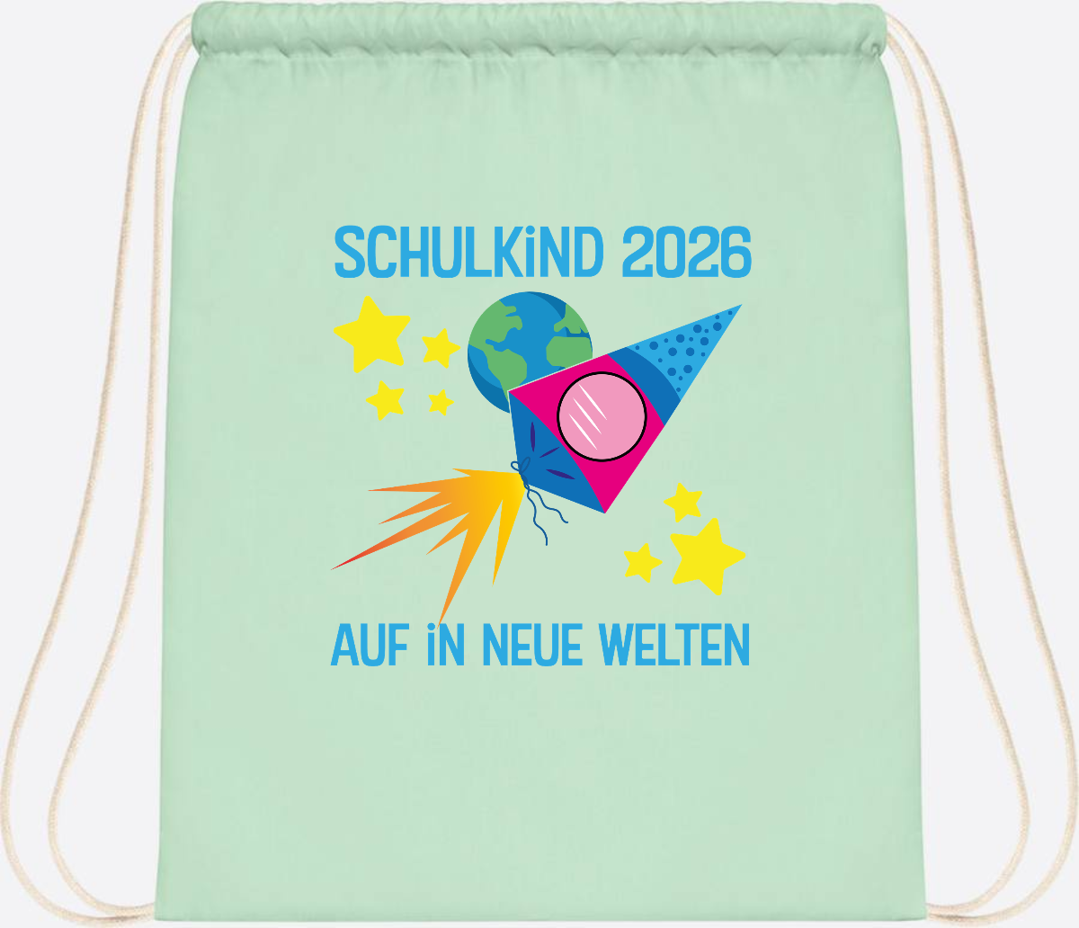 Turnbeutel Schulkind 2026 – Auf in neue Welten mit Namen - Pastel Mint/White