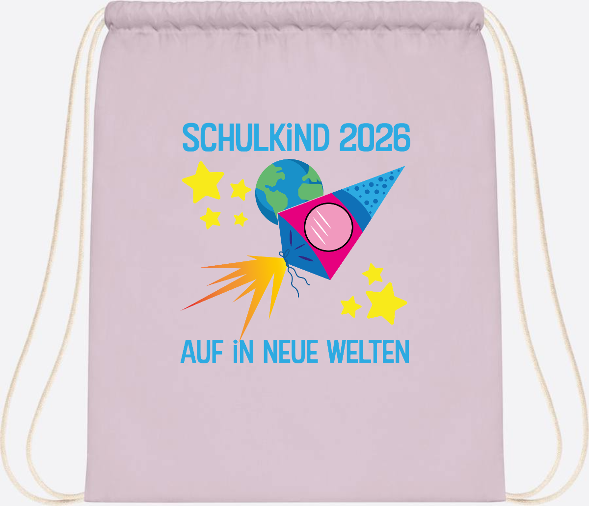 Turnbeutel Schulkind 2026 – Auf in neue Welten mit Namen - Pastel Pink/White