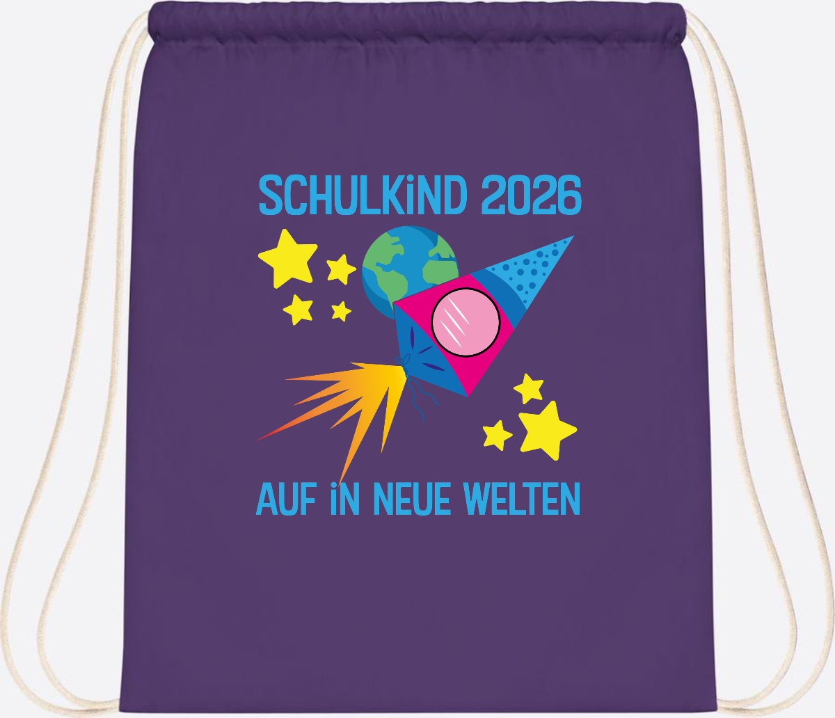 Turnbeutel Schulkind 2026 – Auf in neue Welten mit Namen - Purple