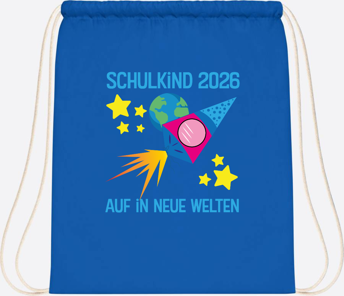 Turnbeutel Schulkind 2026 – Auf in neue Welten mit Namen - Sapphire Blue