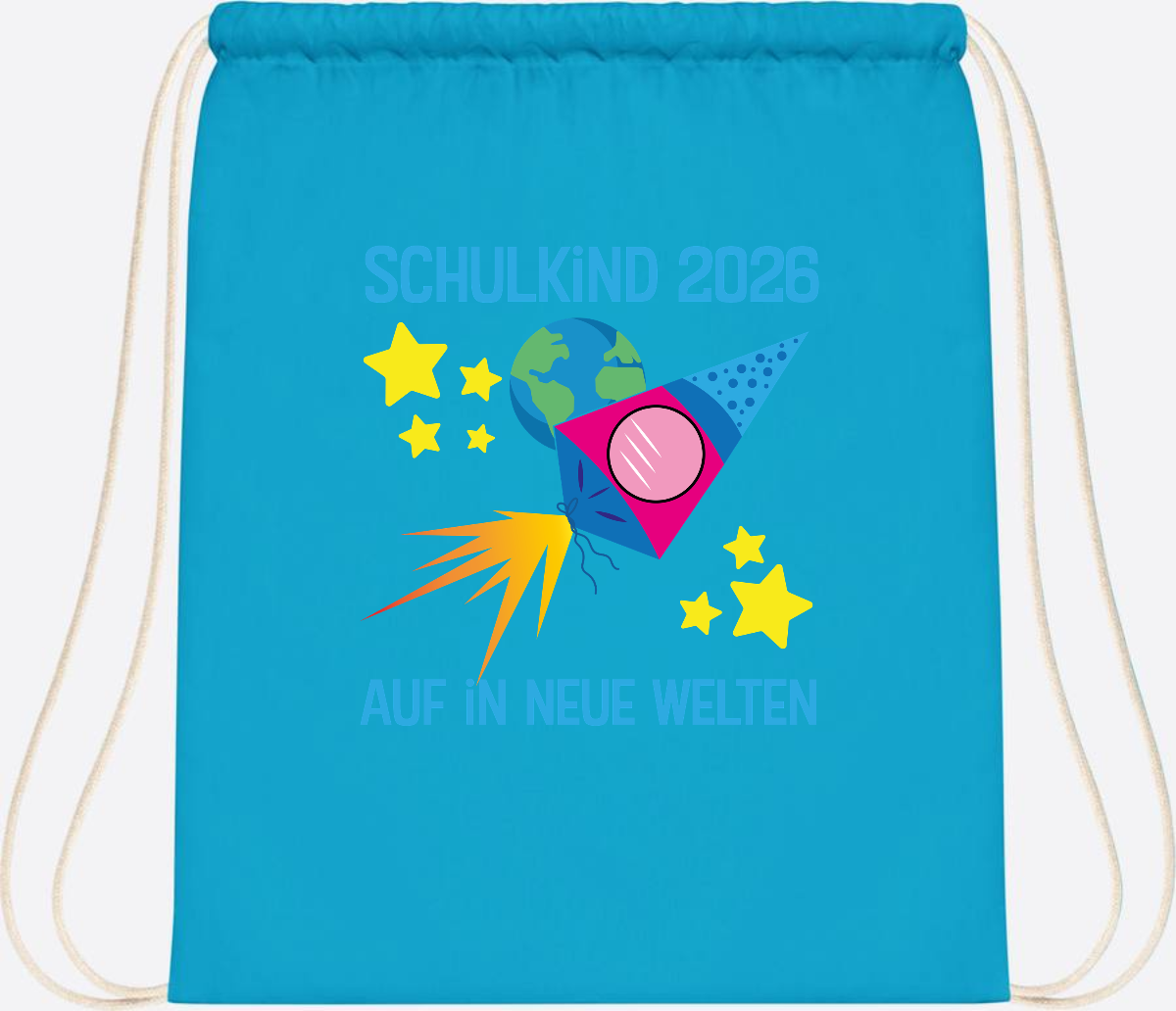 Turnbeutel Schulkind 2026 – Auf in neue Welten mit Namen - Surf Blue