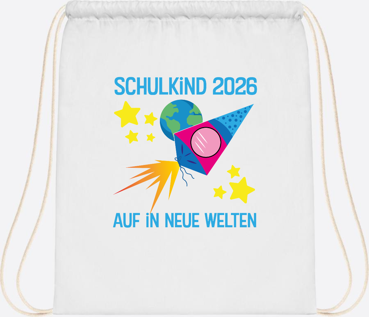 Turnbeutel Schulkind 2026 – Auf in neue Welten mit Namen - White