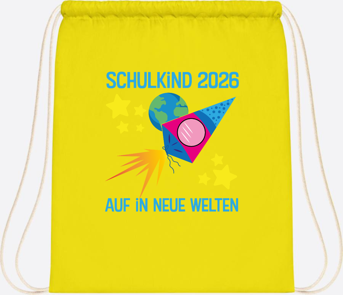 Turnbeutel Schulkind 2026 – Auf in neue Welten mit Namen - Yellow