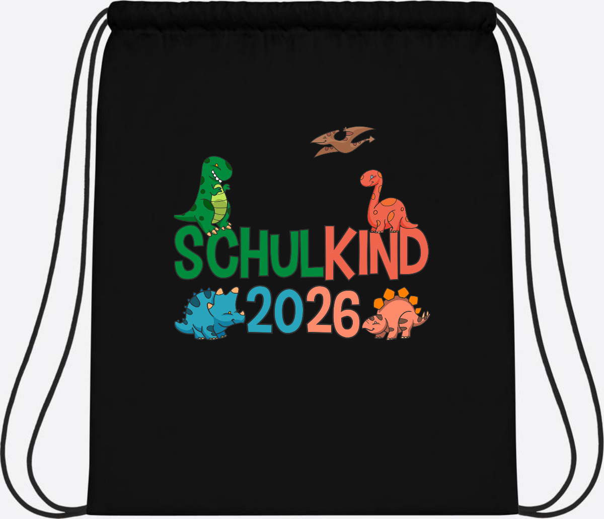 Turnbeutel Schulkind 2026 Dino – Geschenk zur Einschulung - Black/Black