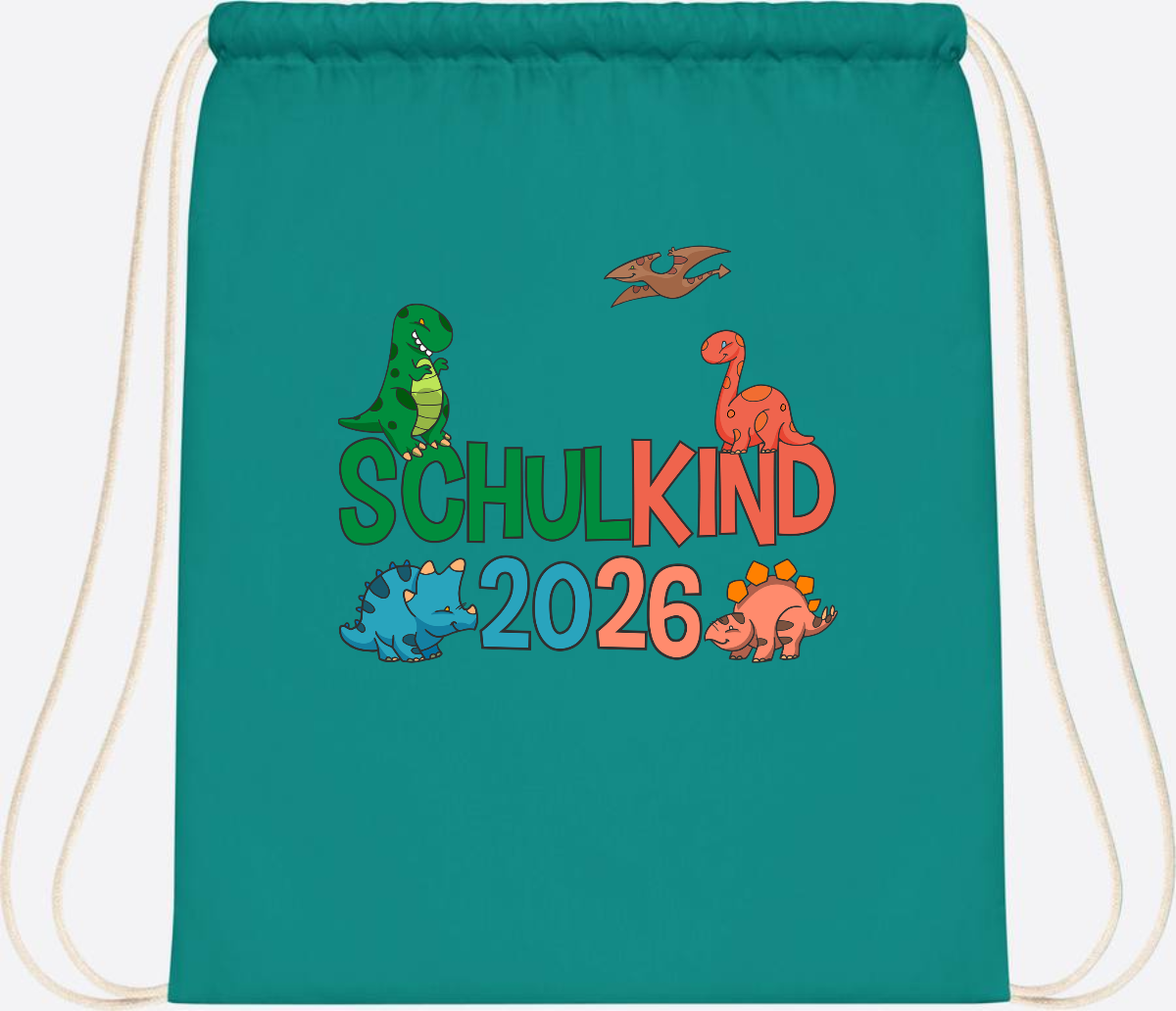 Turnbeutel Schulkind 2026 Dino – Geschenk zur Einschulung - Emerald