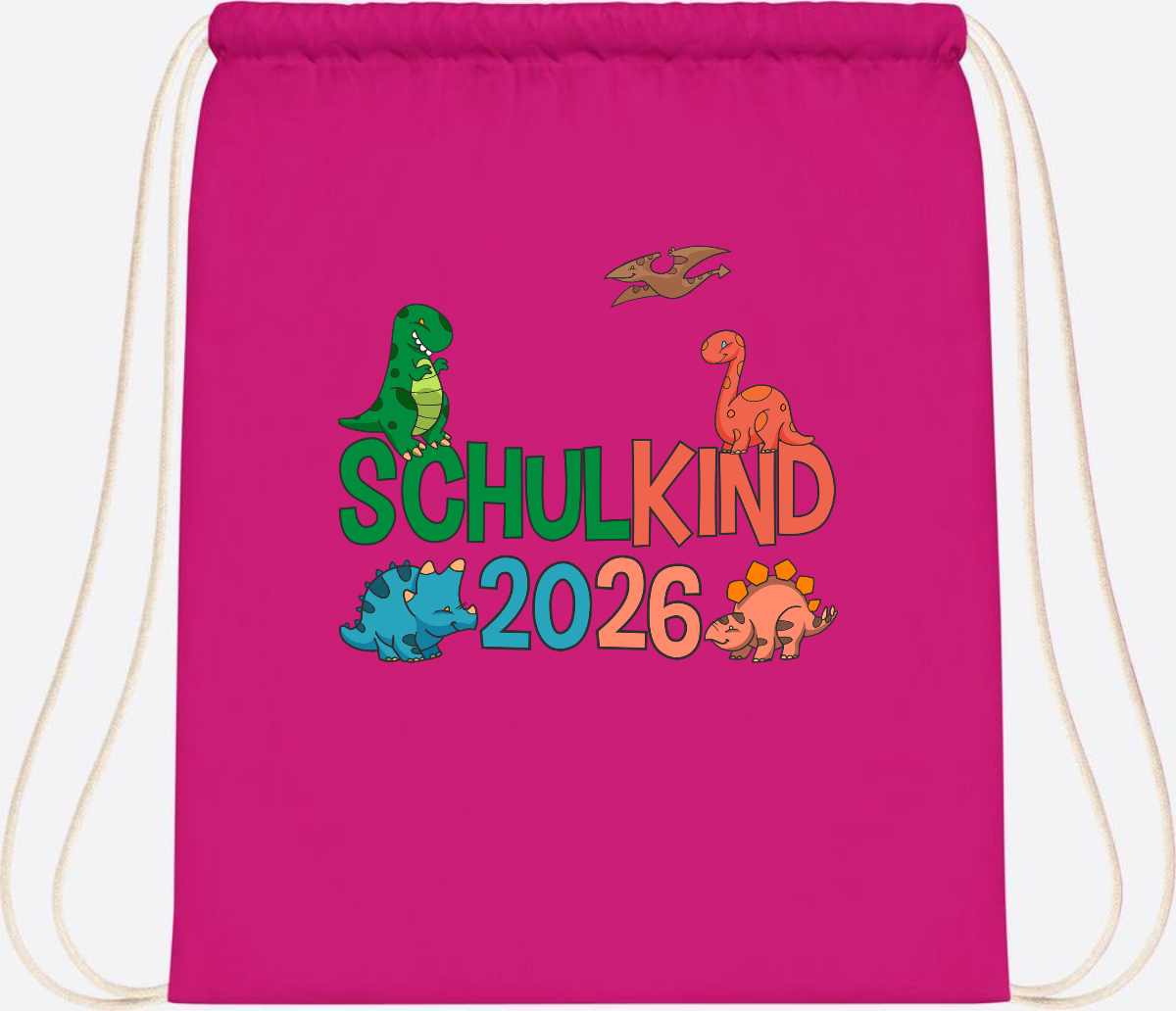 Turnbeutel Schulkind 2026 Dino – Geschenk zur Einschulung - Fuchsia