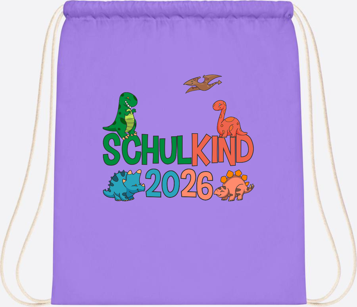 Turnbeutel Schulkind 2026 Dino – Geschenk zur Einschulung - Lavender/White