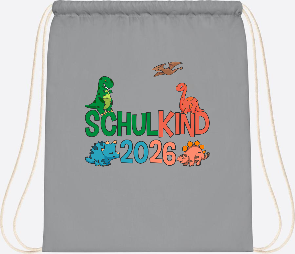 Turnbeutel Schulkind 2026 Dino – Geschenk zur Einschulung - Light Grey