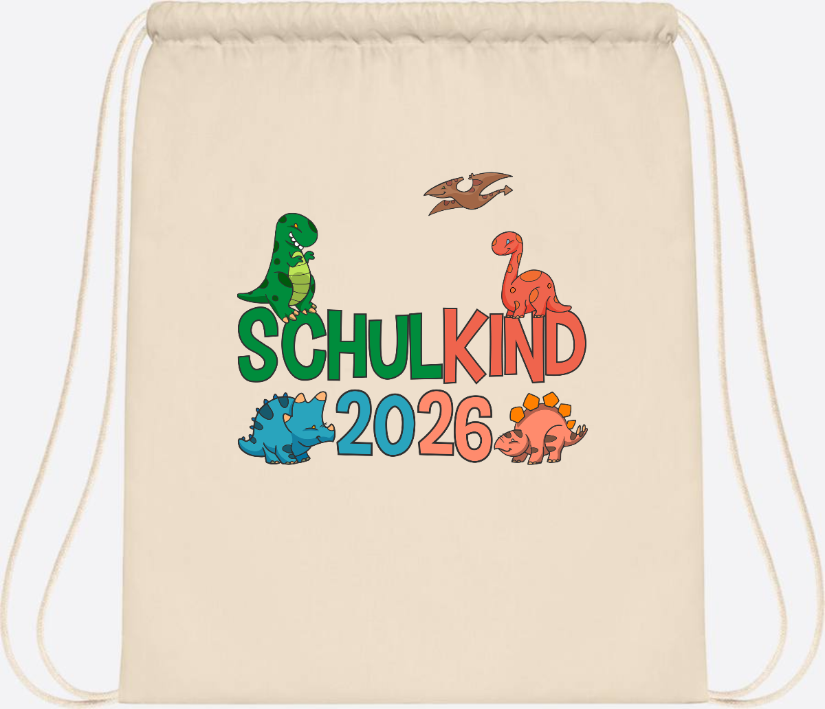 Turnbeutel Schulkind 2026 Dino – Geschenk zur Einschulung - Natural