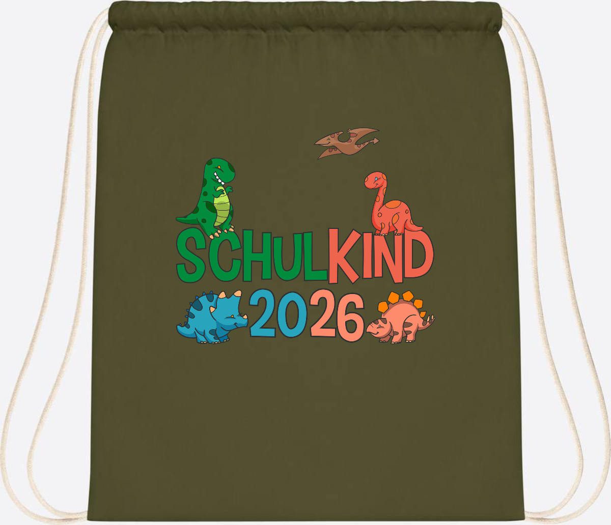 Turnbeutel Schulkind 2026 Dino – Geschenk zur Einschulung - Olive Green