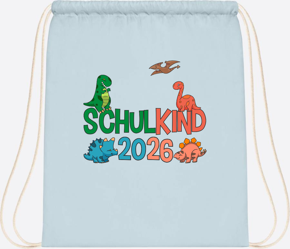 Turnbeutel Schulkind 2026 Dino – Geschenk zur Einschulung - Pastel Blue/White