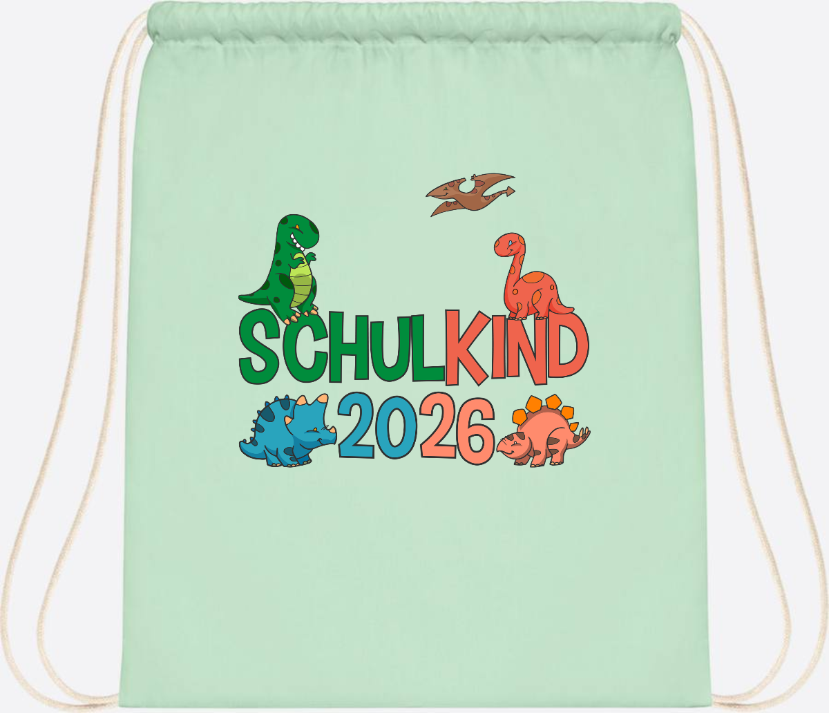 Turnbeutel Schulkind 2026 Dino – Geschenk zur Einschulung - Pastel Mint/White