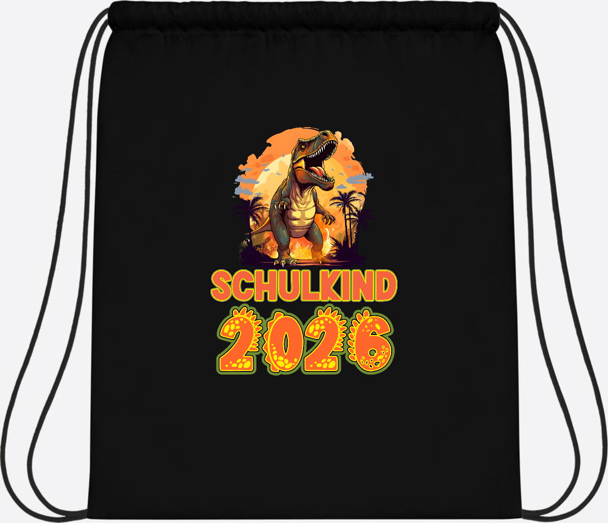 Turnbeutel Schulkind 2026 Dino mit Namen personalisiert - Black/Black
