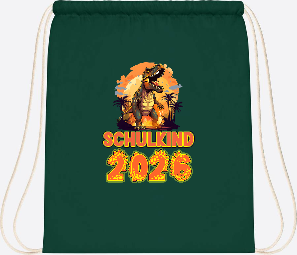Turnbeutel Schulkind 2026 Dino mit Namen personalisiert - Bottle Green