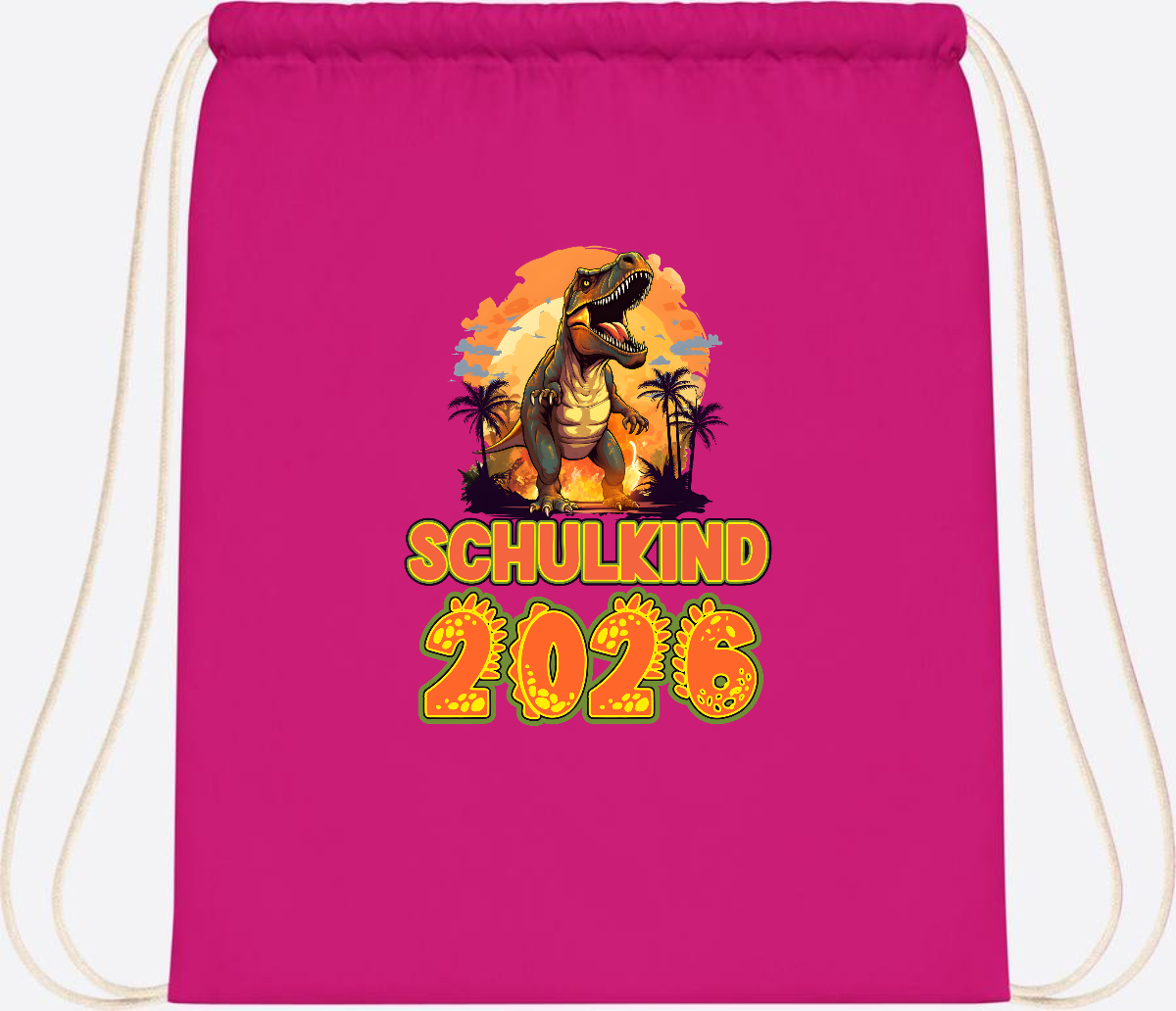 Turnbeutel Schulkind 2026 Dino mit Namen personalisiert - Fuchsia