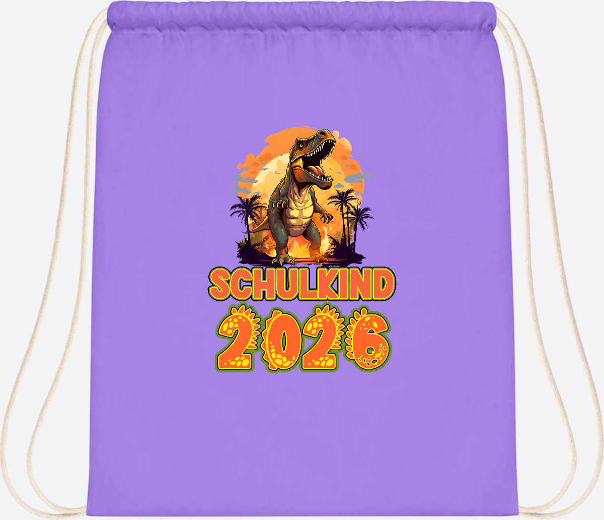 Turnbeutel Schulkind 2026 Dino mit Namen personalisiert - Lavender/White