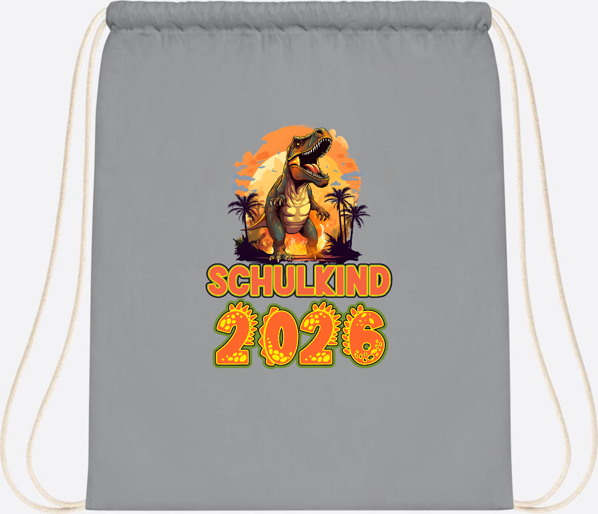 Turnbeutel Schulkind 2026 Dino mit Namen personalisiert - Light Grey
