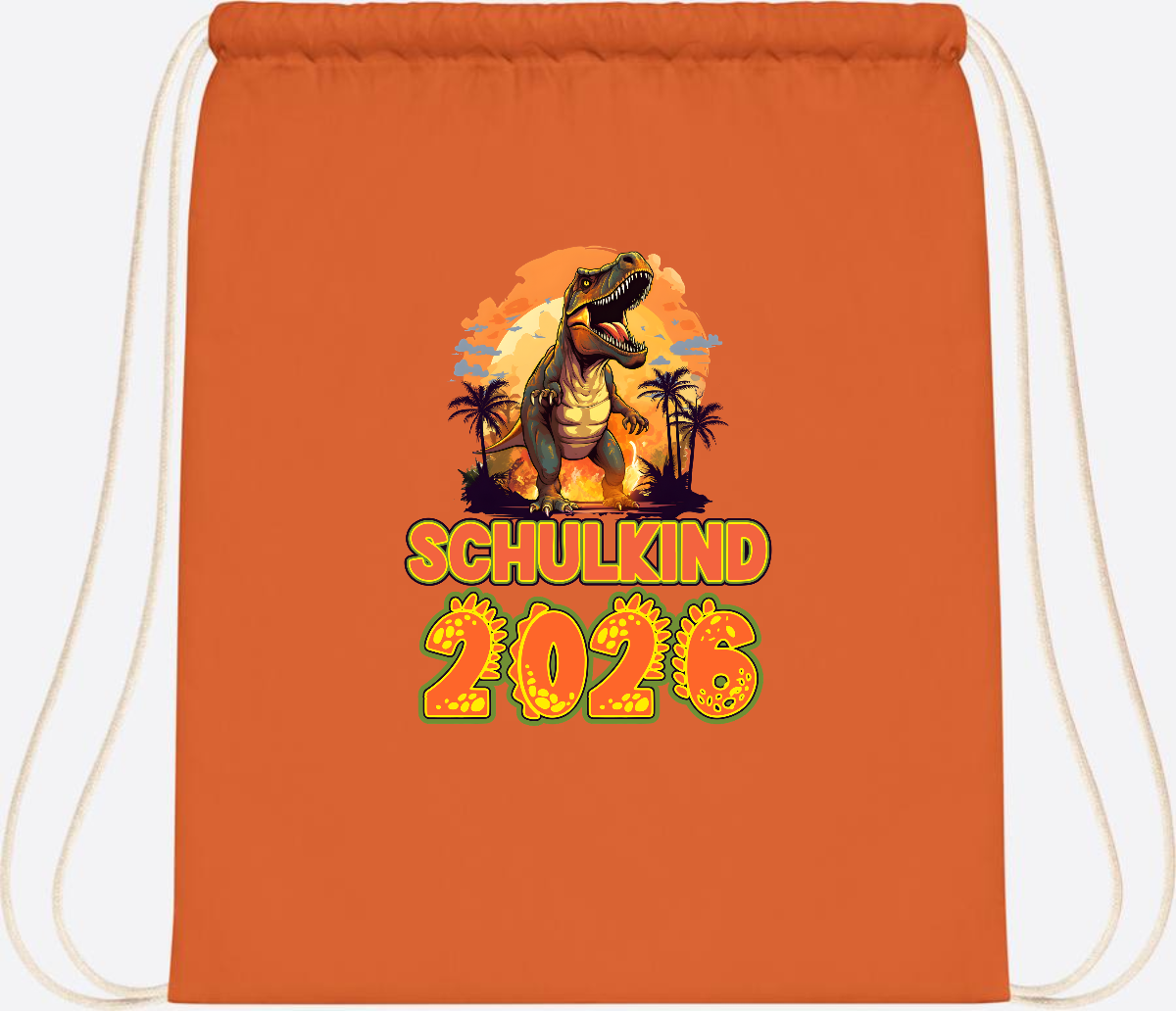 Turnbeutel Schulkind 2026 Dino mit Namen personalisiert - Orange