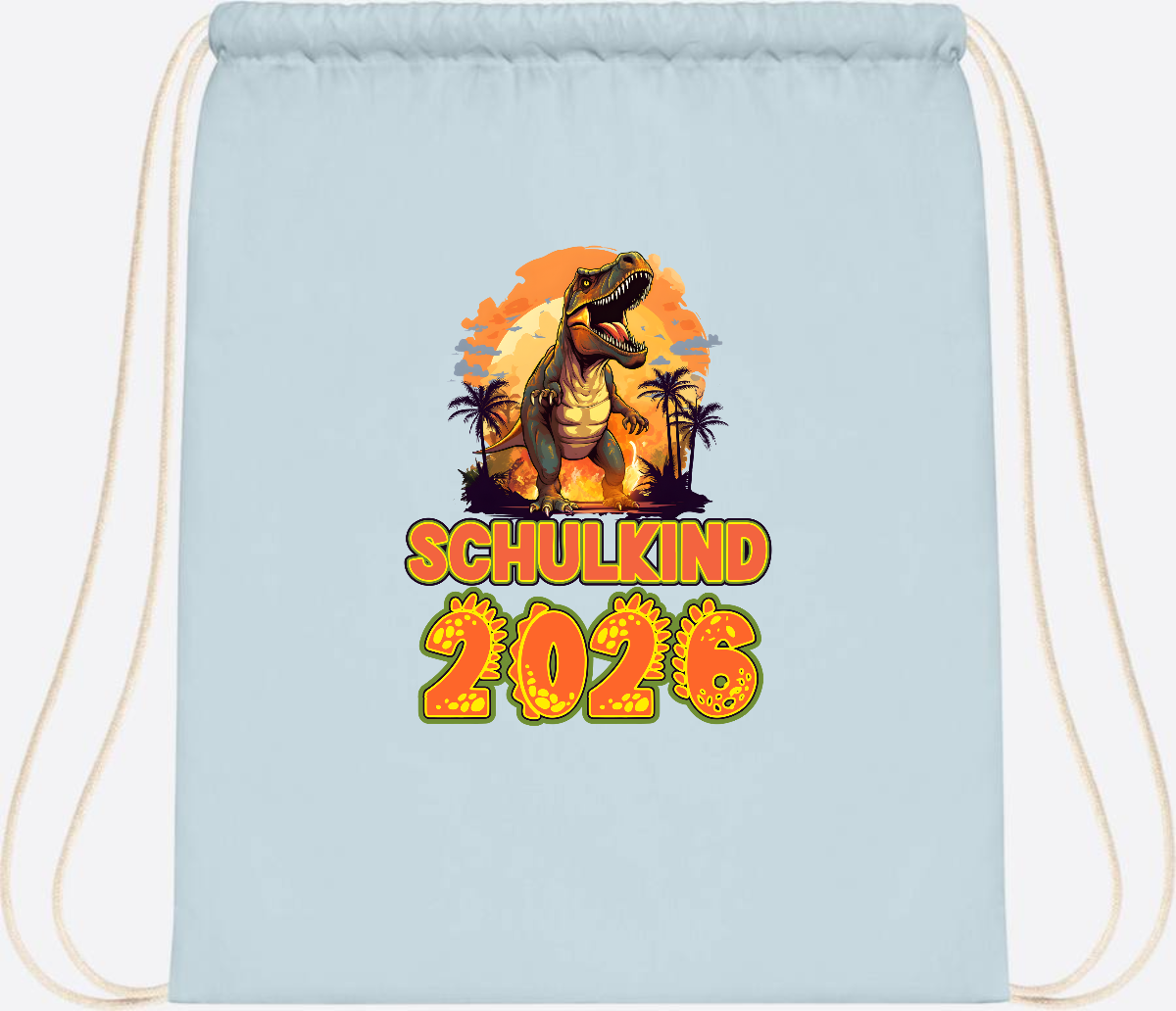 Turnbeutel Schulkind 2026 Dino mit Namen personalisiert - Pastel Blue/White