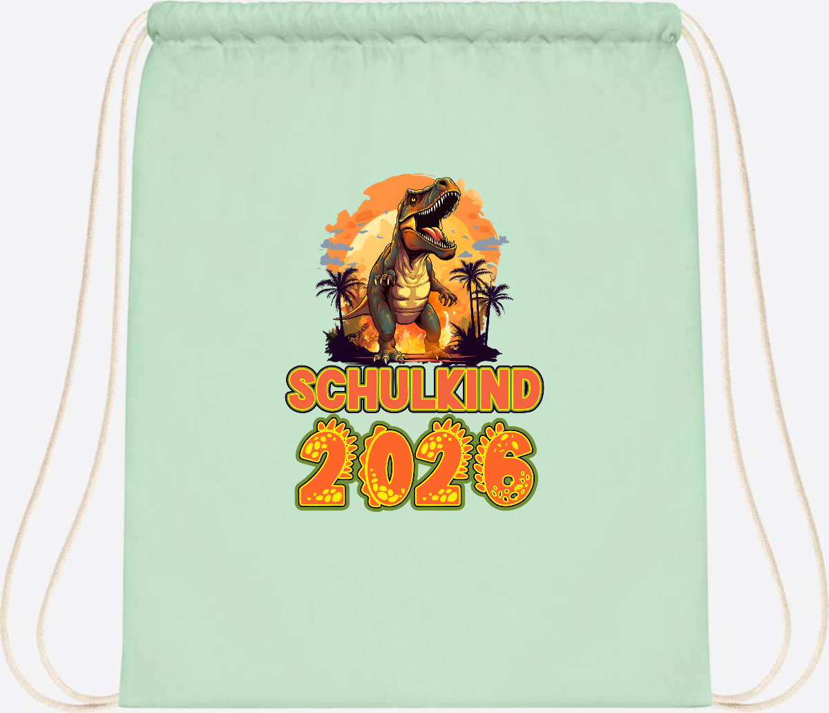 Turnbeutel Schulkind 2026 Dino mit Namen personalisiert - Pastel Mint/White