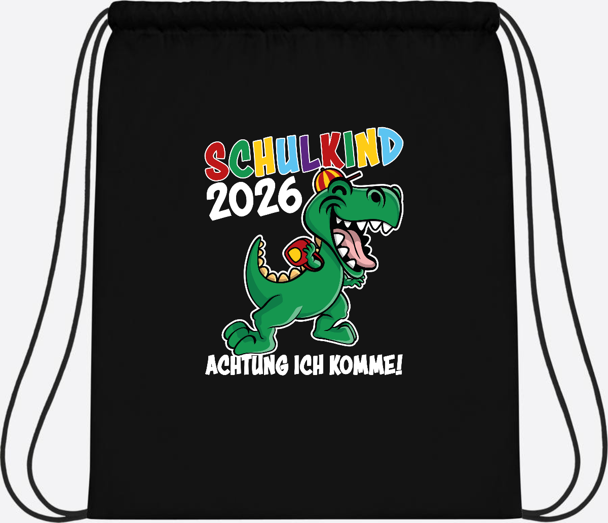 Turnbeutel Schulkind 2026 Dino – Personalisiert mit Name - Black/Black