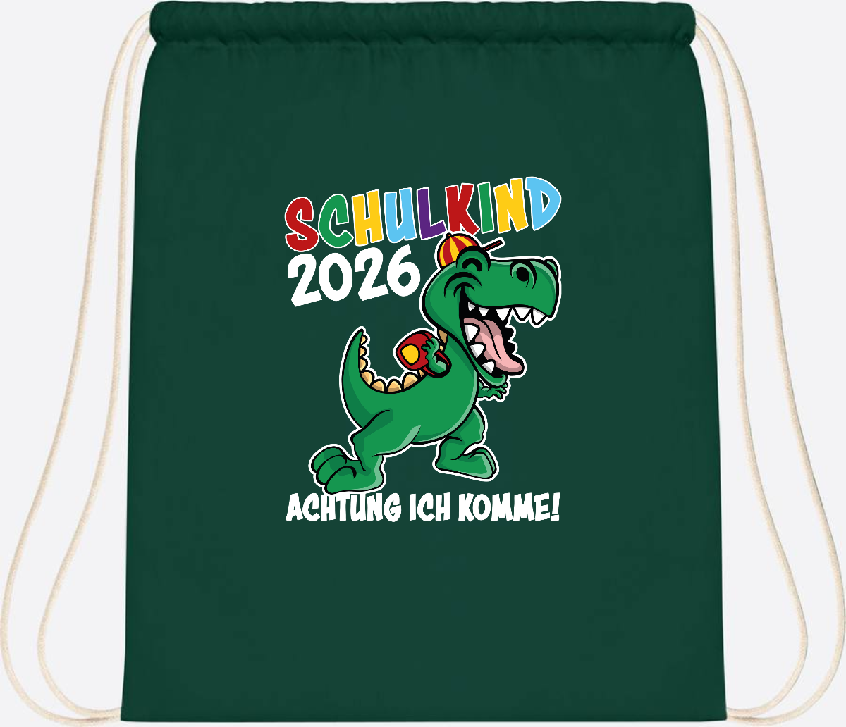 Turnbeutel Schulkind 2026 Dino – Personalisiert mit Name - Bottle Green