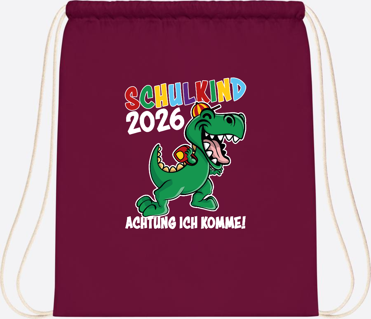 Turnbeutel Schulkind 2026 Dino – Personalisiert mit Name - Burgundy