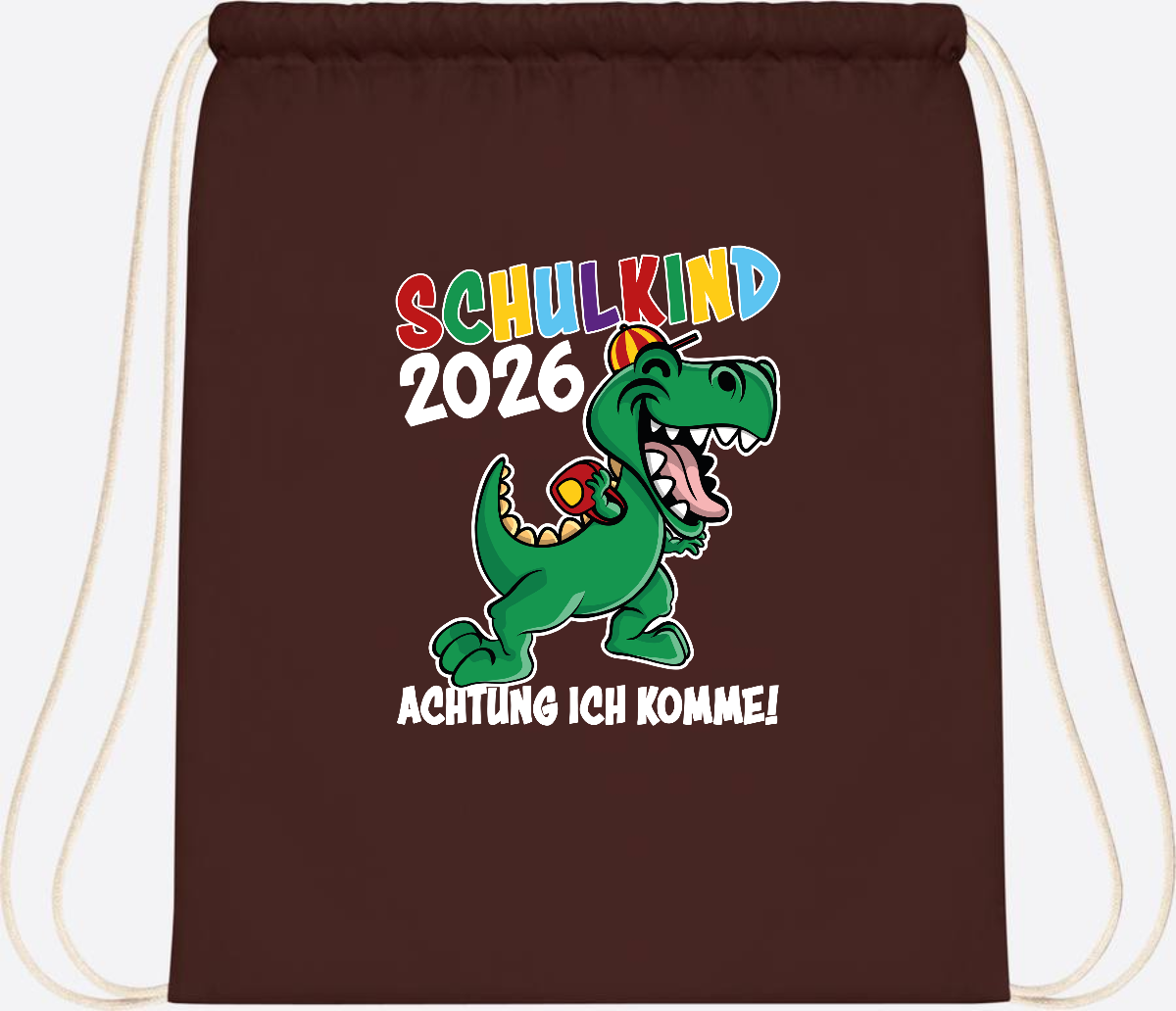 Turnbeutel Schulkind 2026 Dino – Personalisiert mit Name - Chocolate